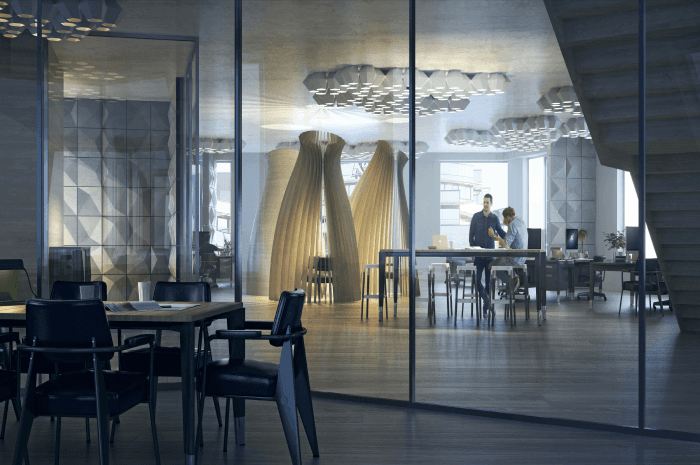 Gullhaug torg  2A bygges som et triple zero-bygg: 0kwh kjøpt energi til ventilasjon, oppvarming og kjøling. Ill.: Snøhetta/MIR.